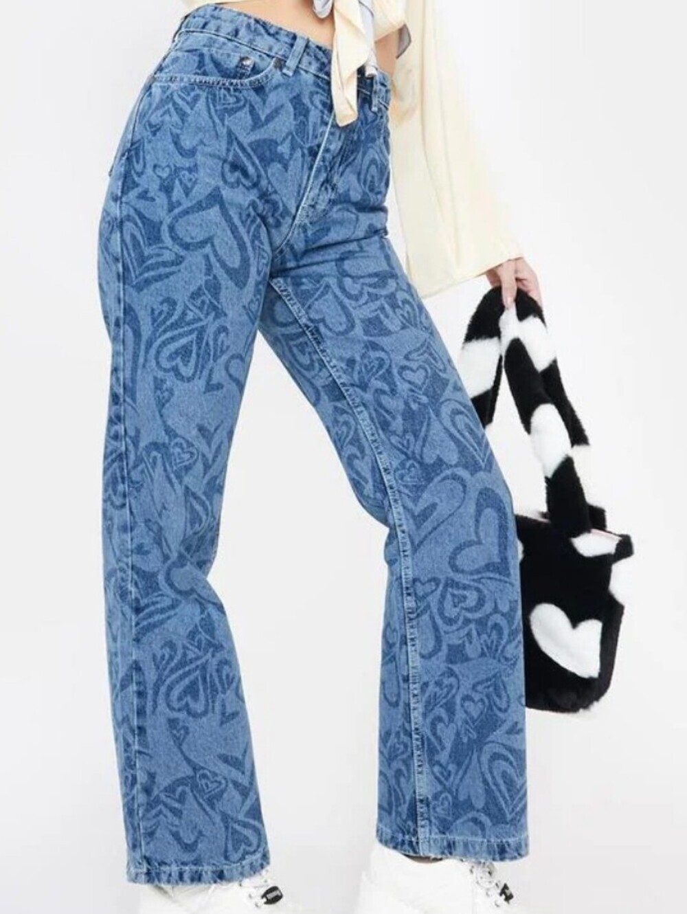 The Ragged Priest Heart Print Straight Leg Jeans Blue Denim Y2K Grunge Festival